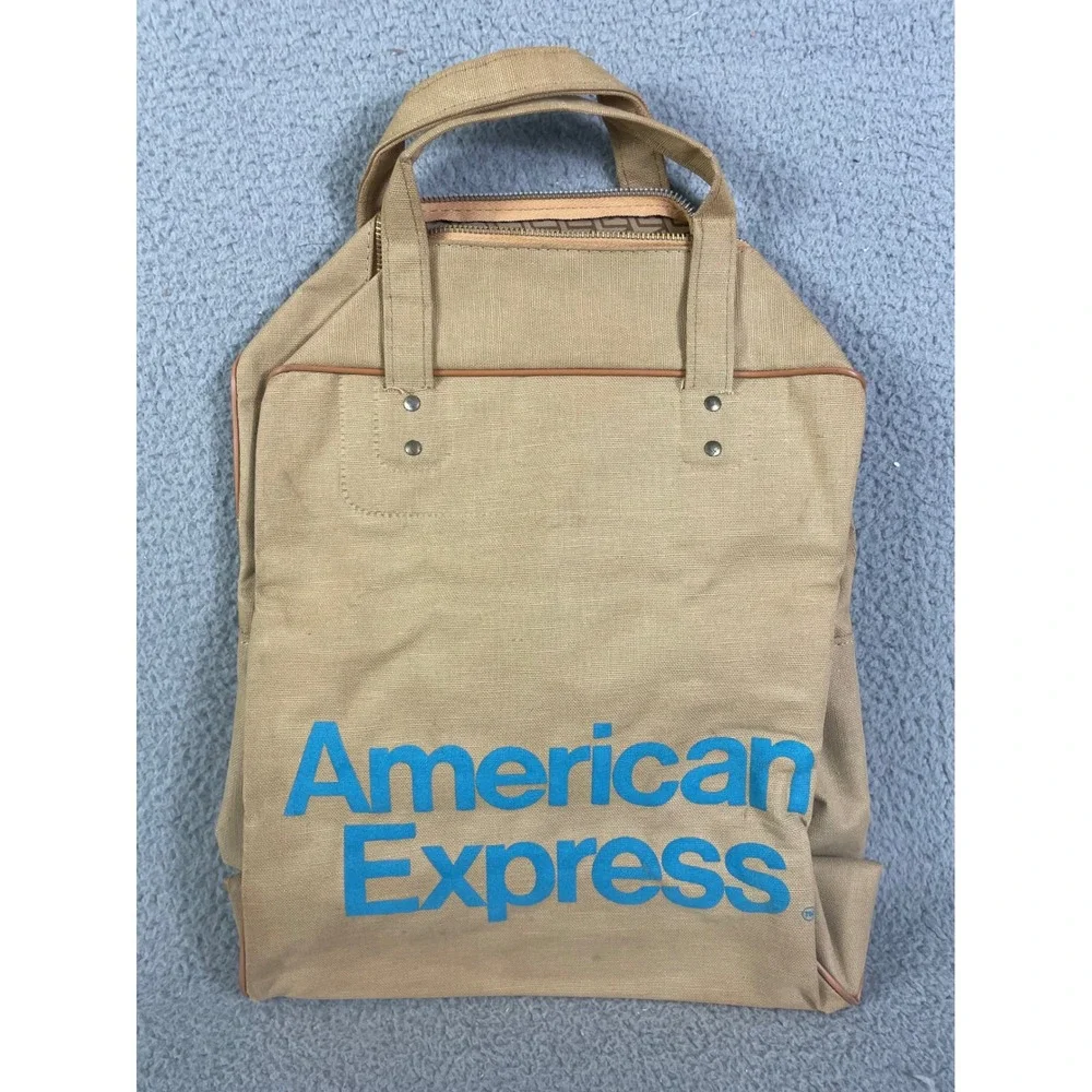 American‎ Express Travel Service Canvas Duffle Bag Beige Blue Logo Zip Top